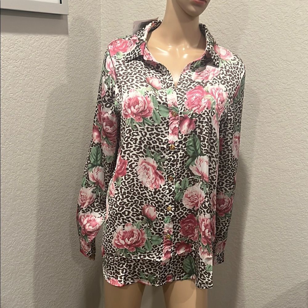 NWT Guess Floral and Leopard Print Blouse